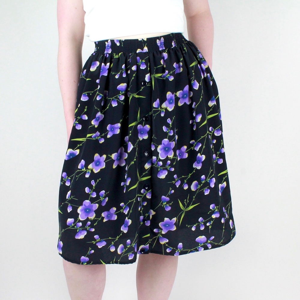 Black Purple Floral Print Button Up 90s Skirt